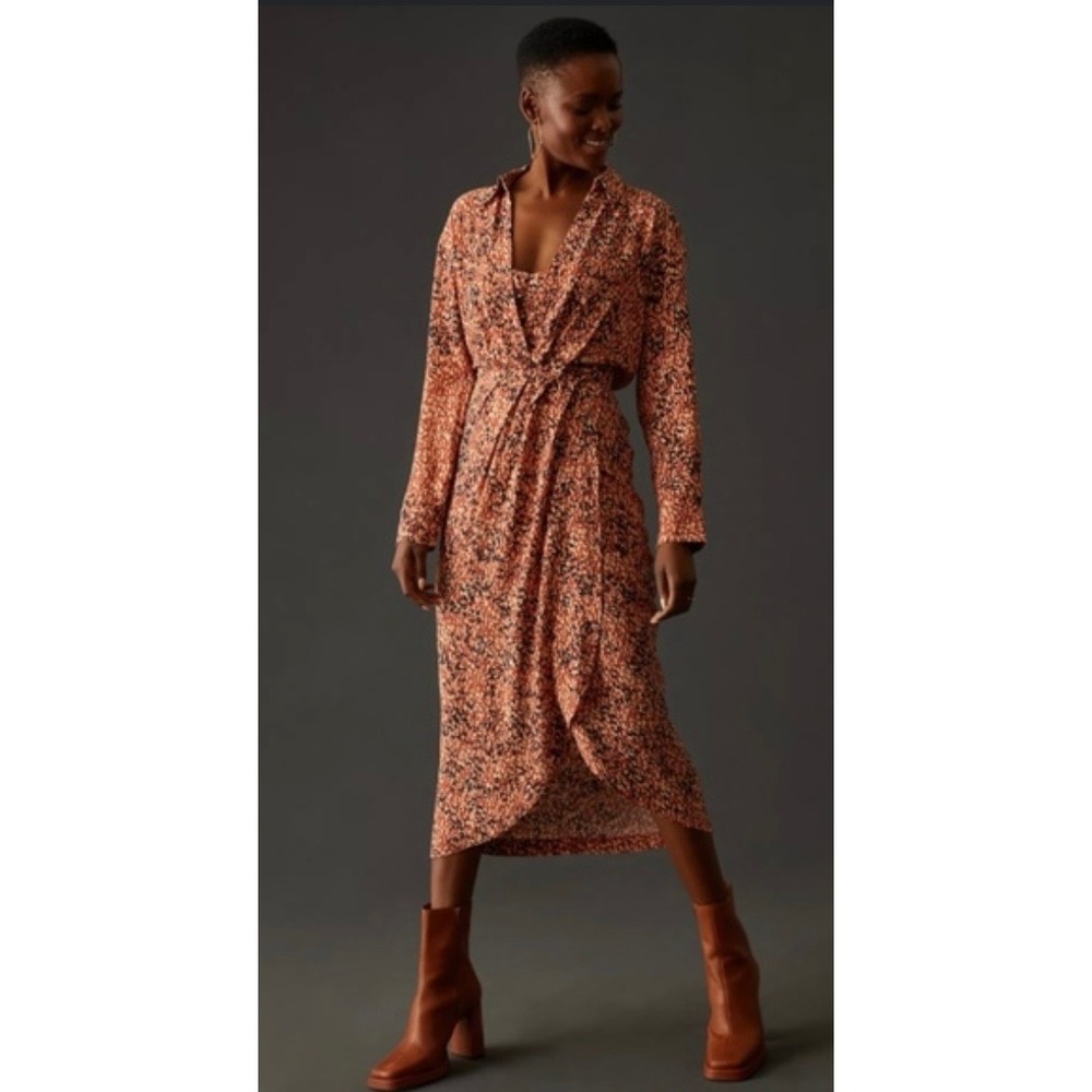 Anthropologie Twofer Wrap Midi Dress Orange Leopard Print Size Small